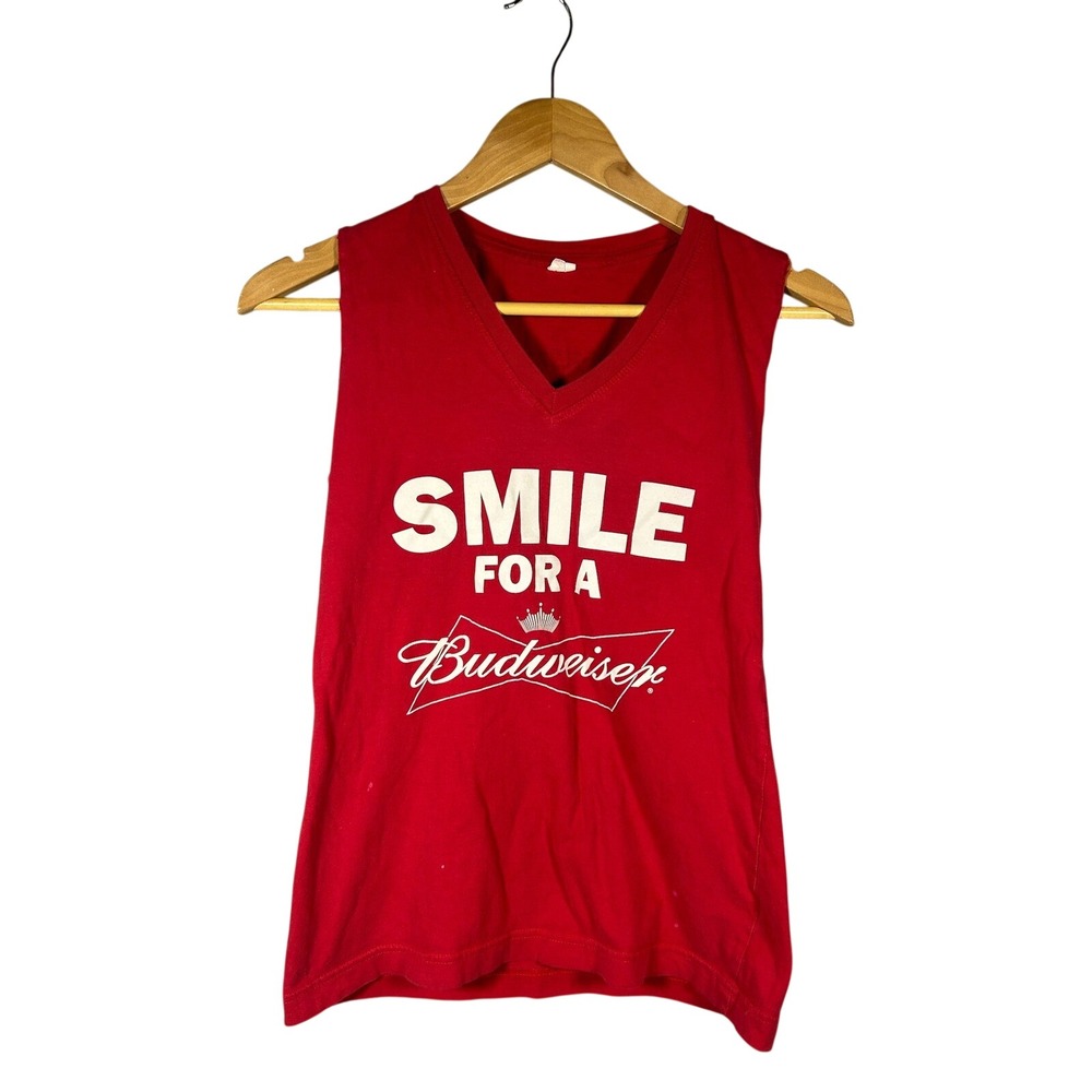 Budweiser Womens V Neck Red Sleeveless Tank Top Smile‎ For A Budweiser Graphic